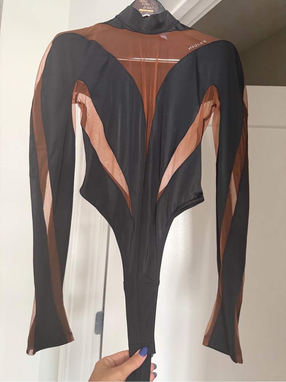 Mugler Black and Brown Sheer-Panel Sculpted Bodysuit